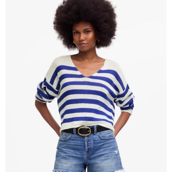Madewell Linen V-Neck Sweater Sapphire Stripe Blue White Size S NWT Nautical - Picture 1 of 13